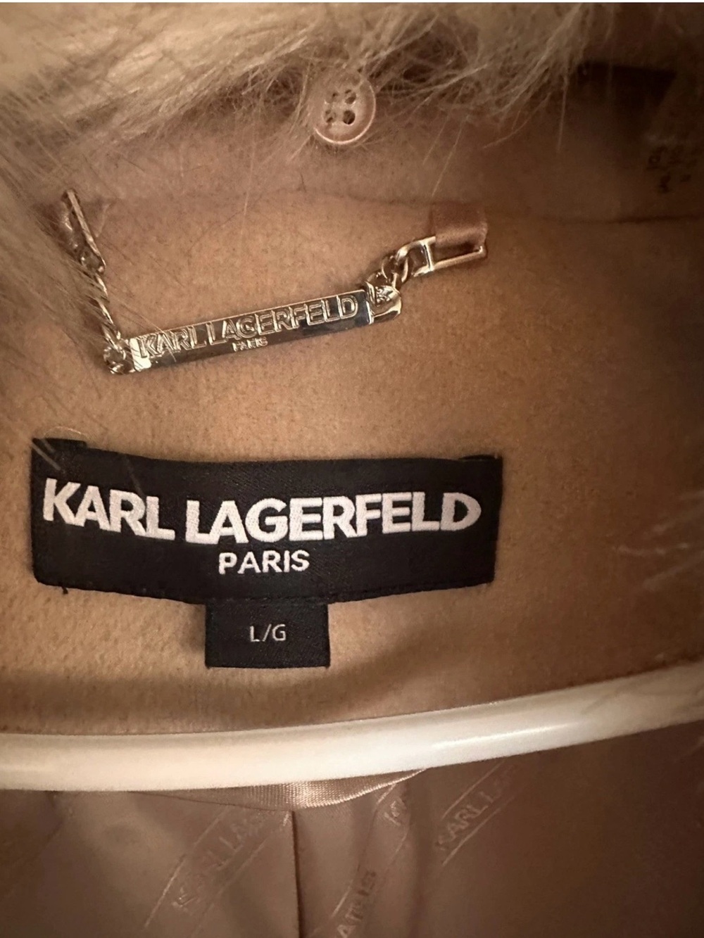 Karl Lagerfeld Paris Faux Fur Collar Wool Beige Coat Size L - Picture 3 of 7
